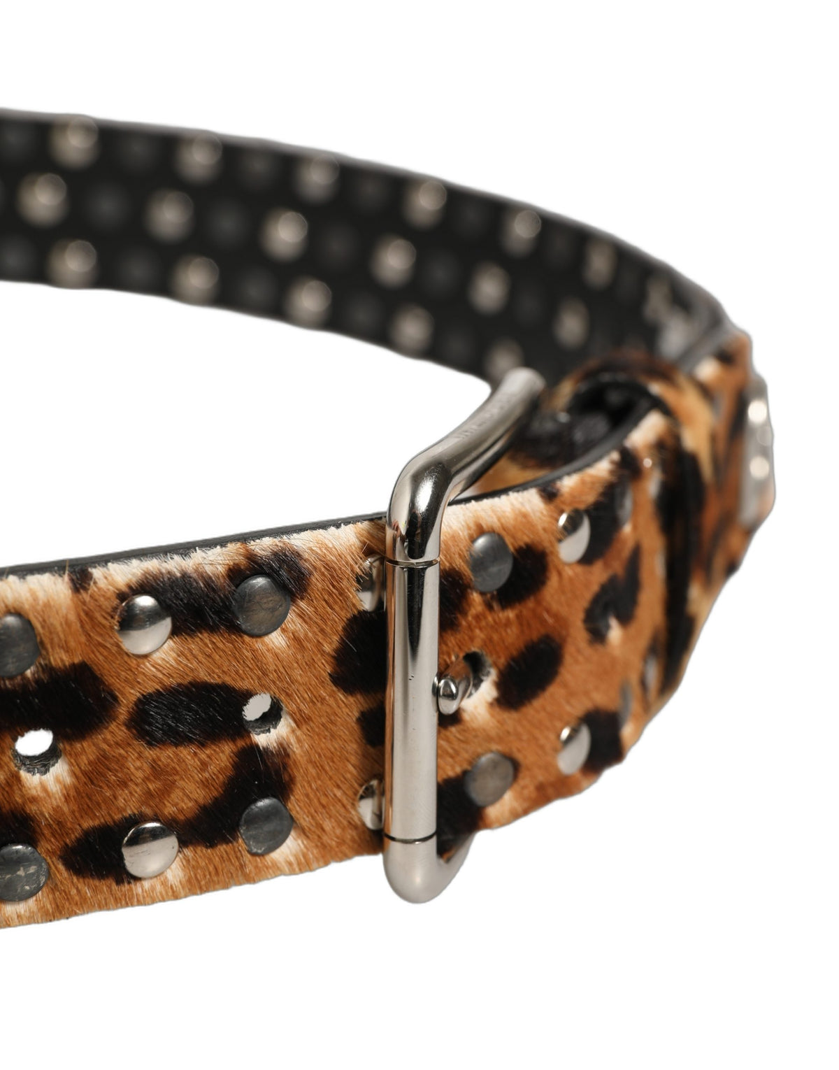 Brown Leopard Calf Hair Studs Metal Buckle Belt