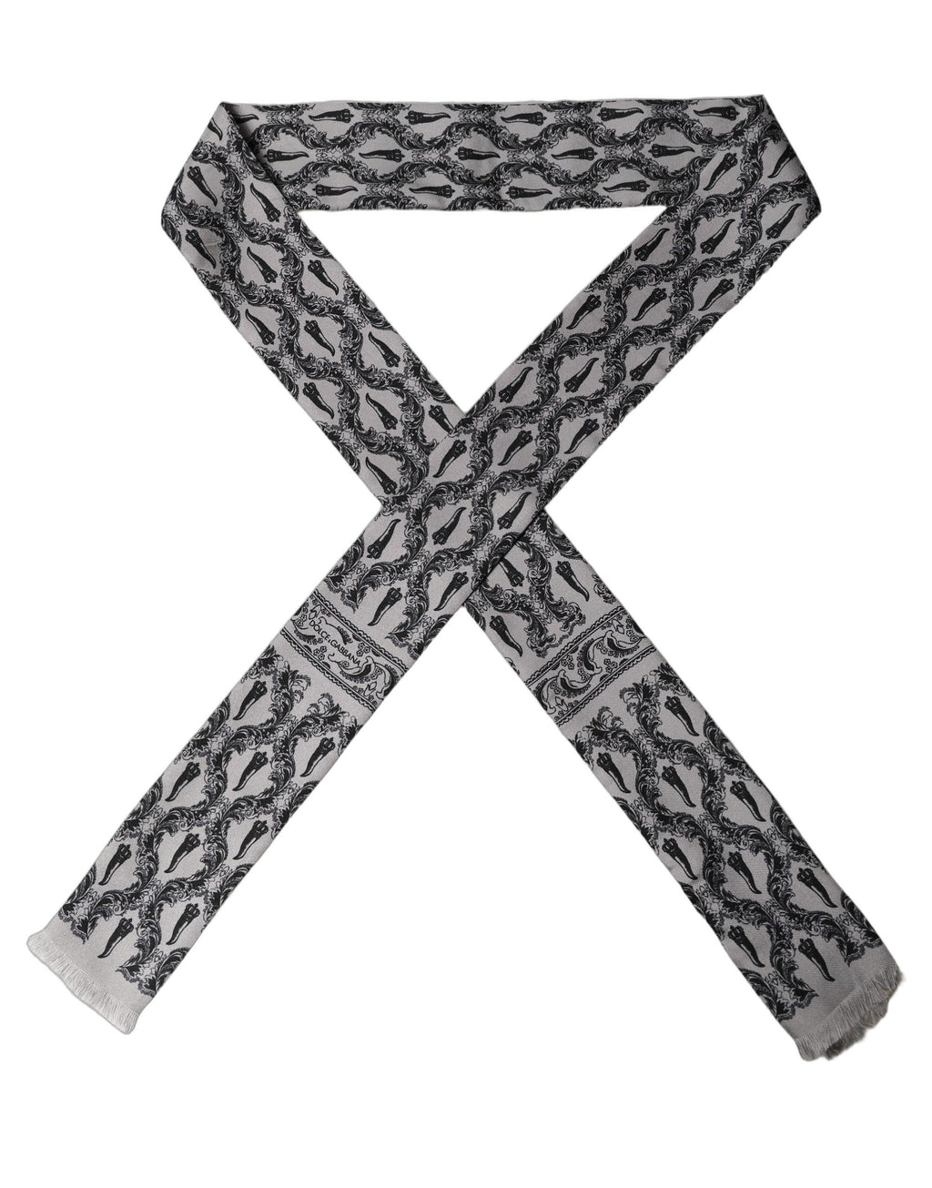 Gray Baroque Silk Fringed Skinny Foulard Scarf