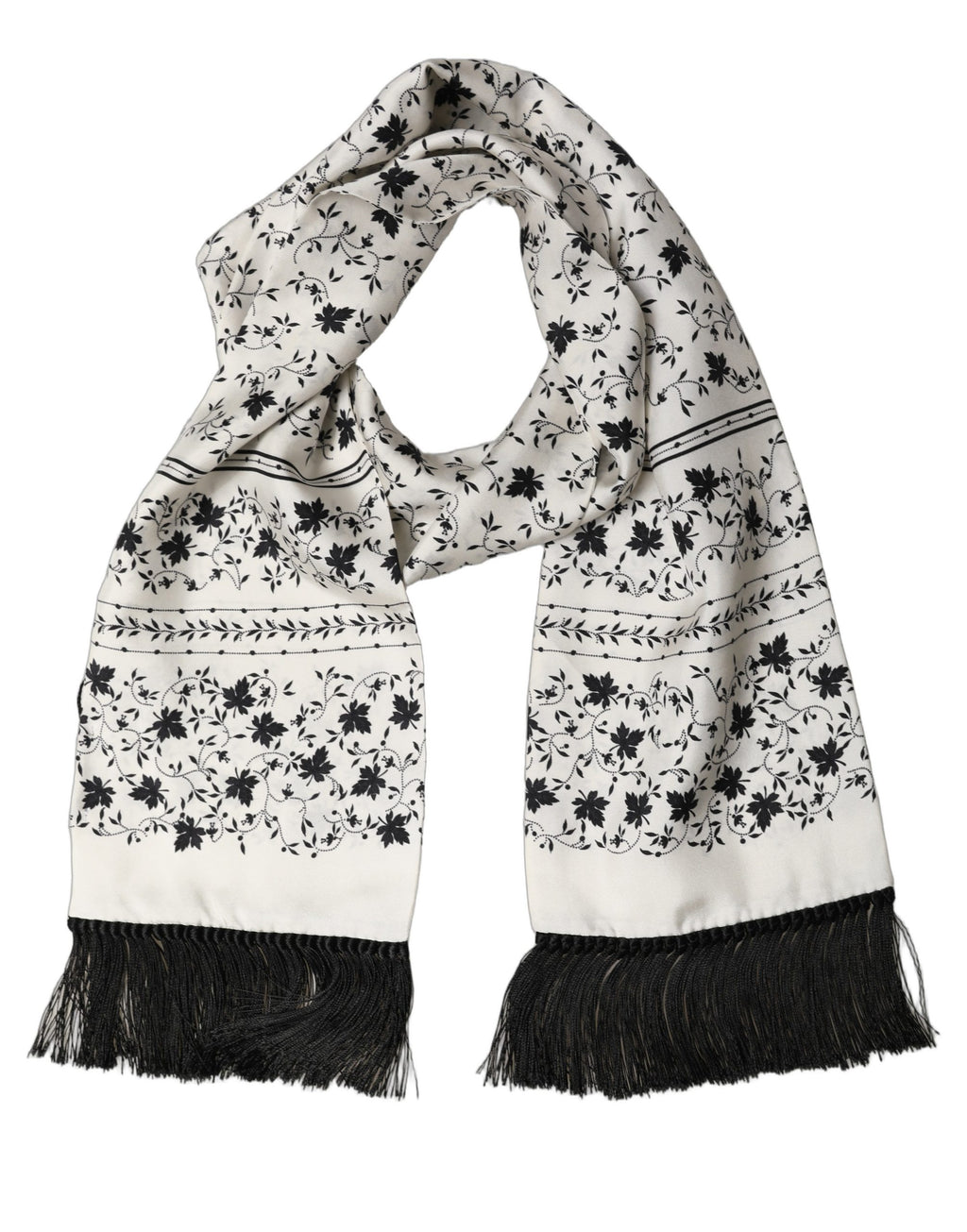 White Floral Silk Fringed Neck Shawl Scarf