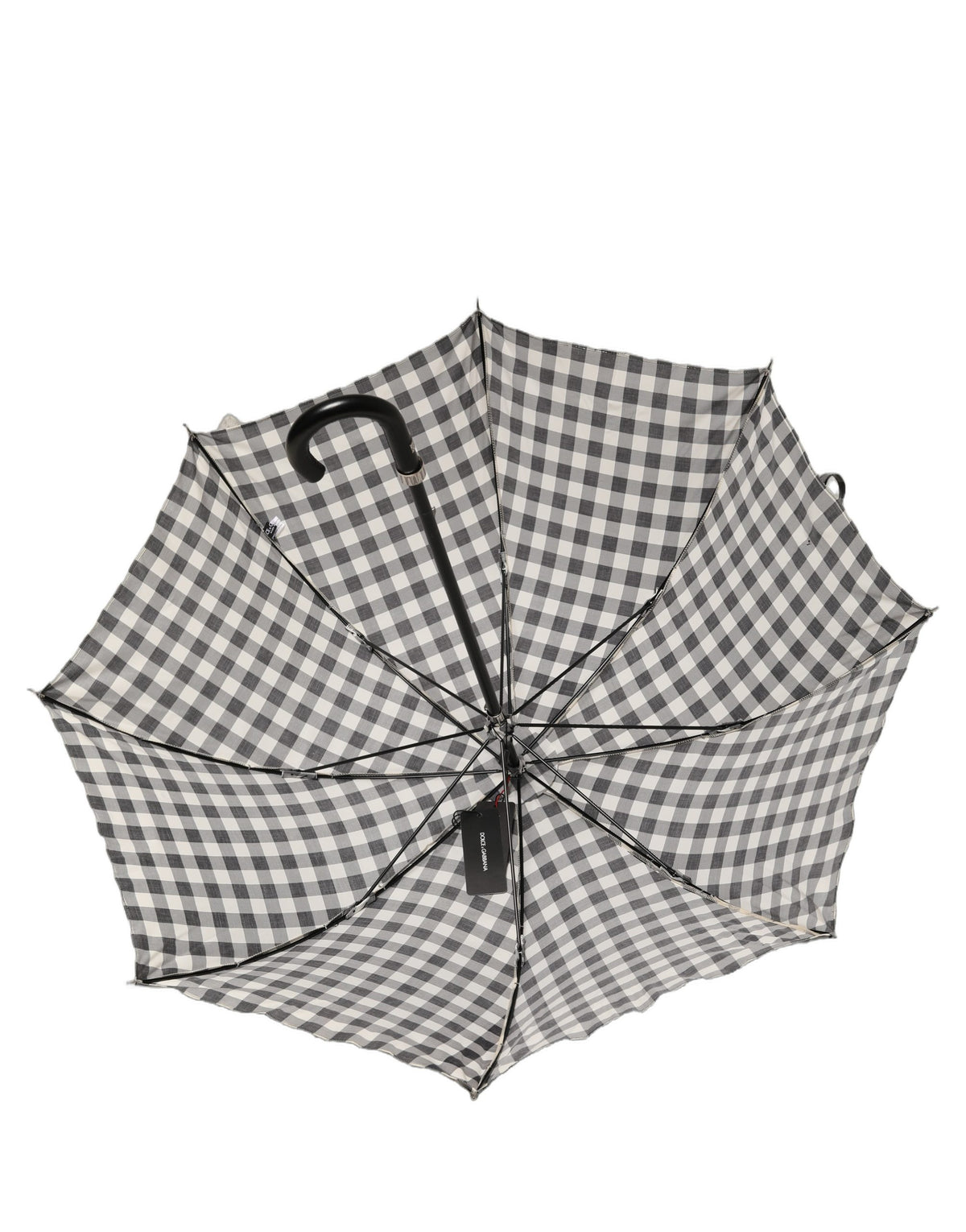 Black White Gingham Check Cotton Long Handle Umbrella