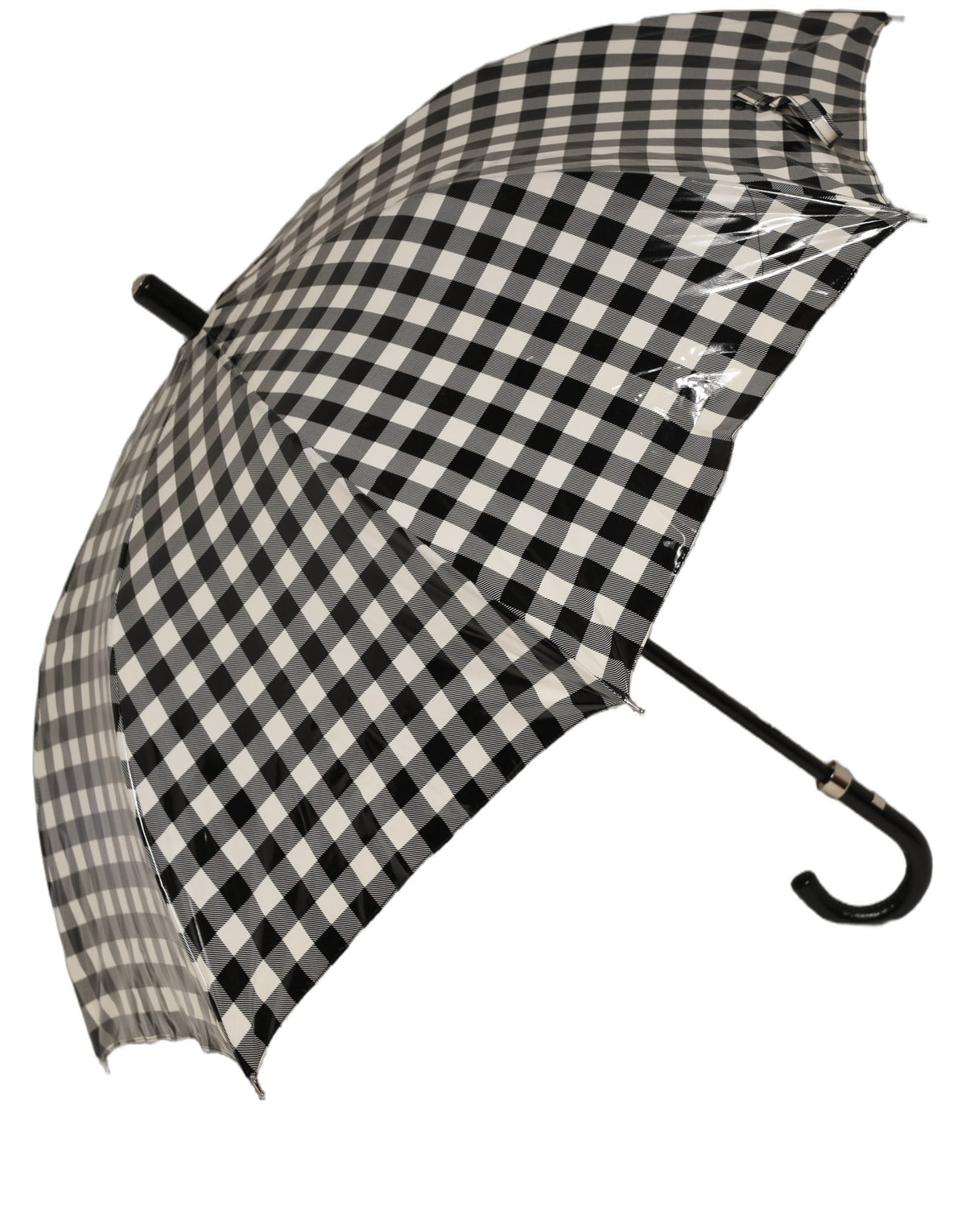 Black White Gingham Check Cotton Long Handle Umbrella
