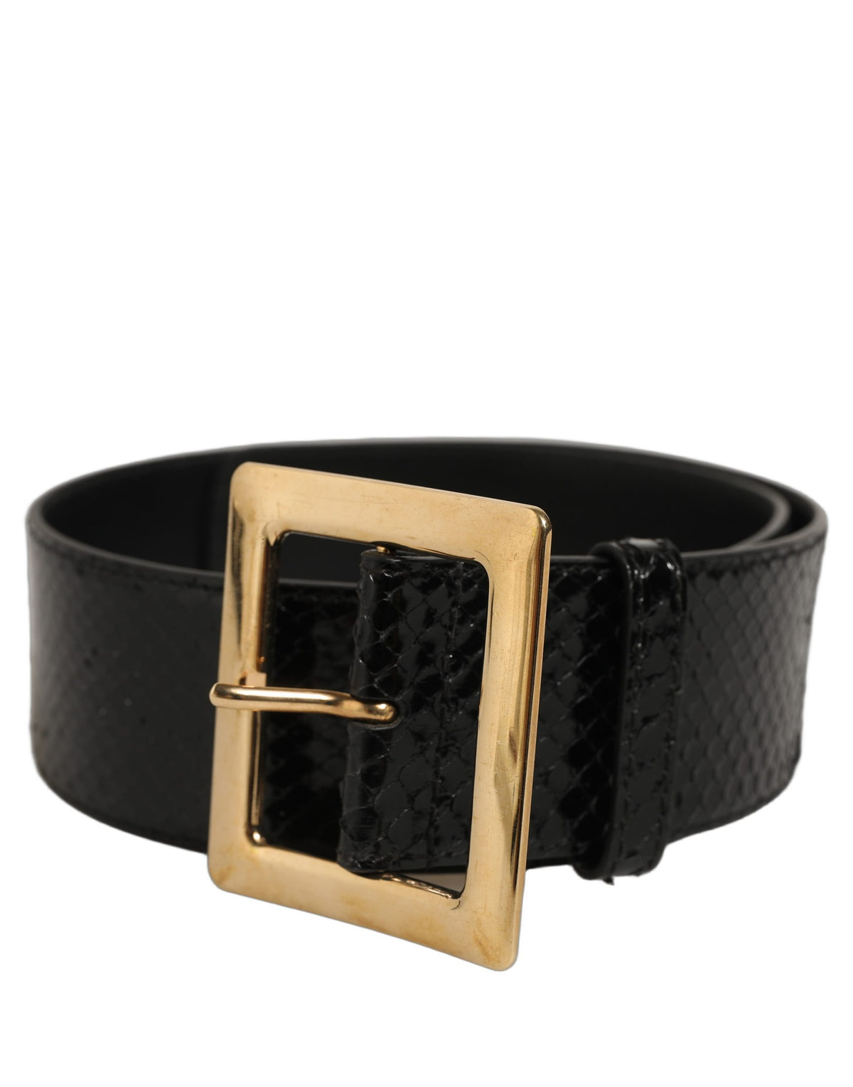 Black Exotic Leather Gold Metal Buckle Belt