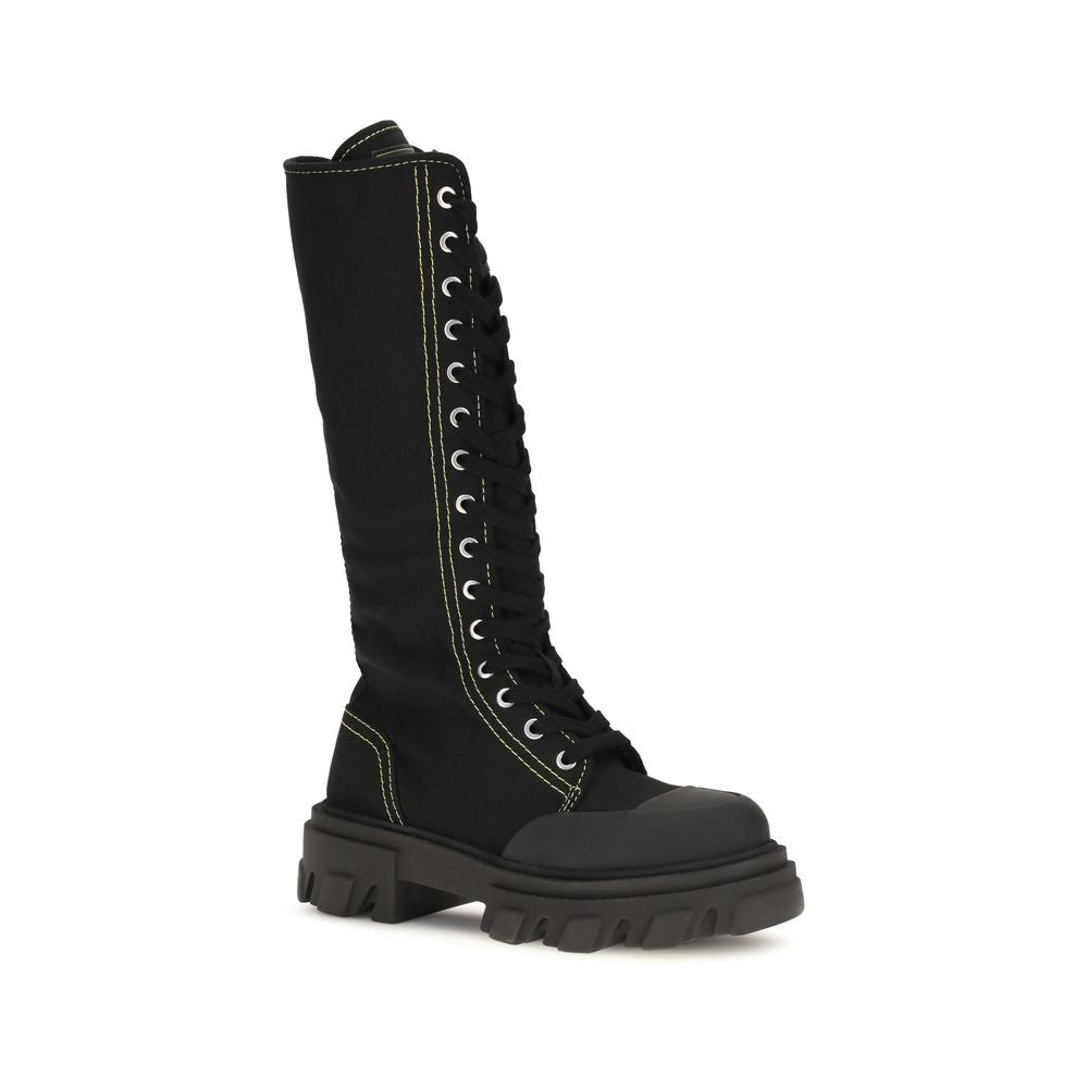 Black Cotton Lace-Up Boots