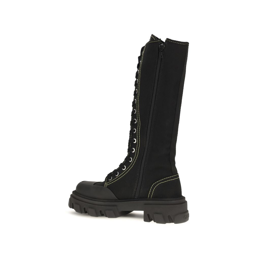 Black Cotton Lace-Up Boots