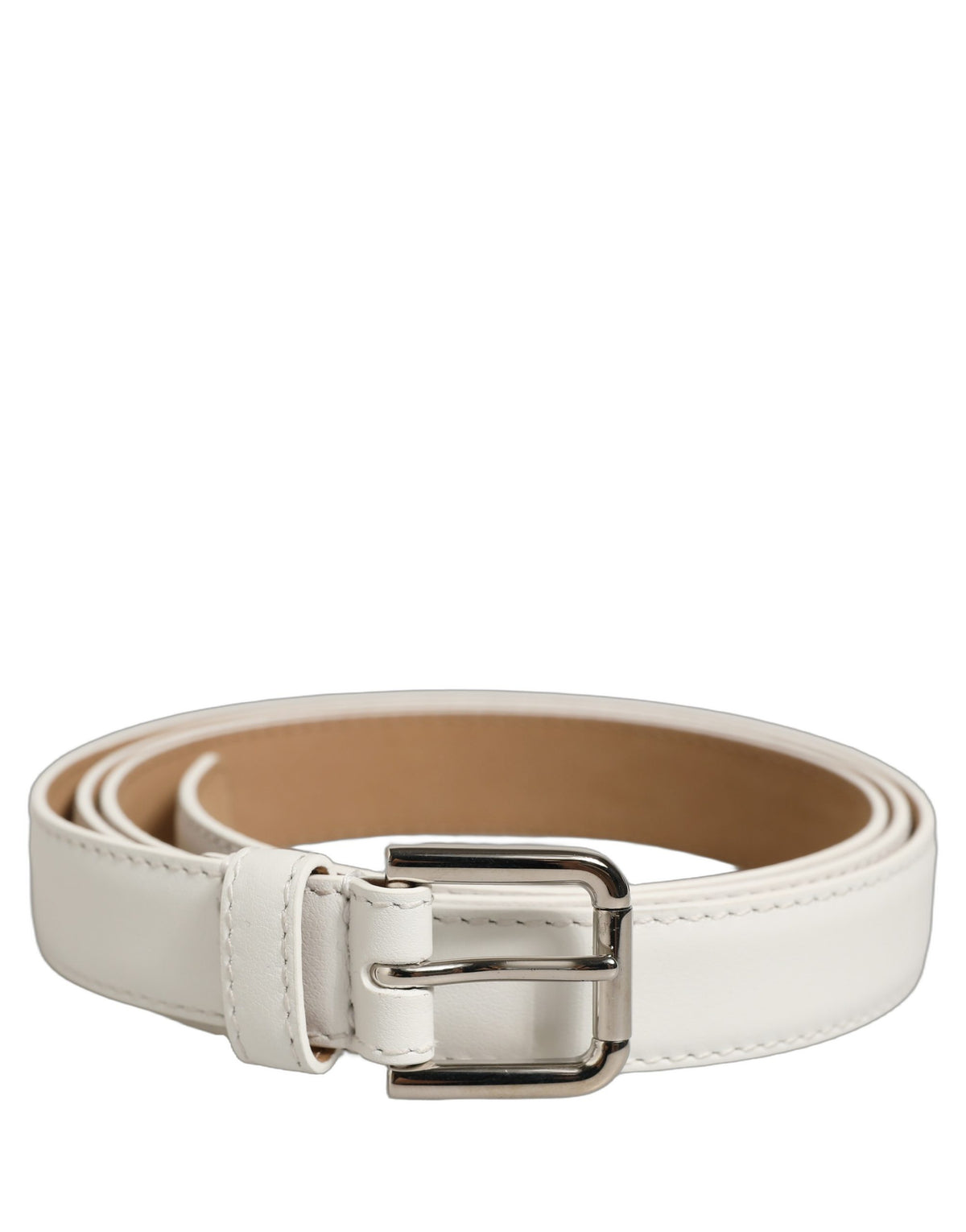 White Leather Silver Tone Metal Buckle Belt