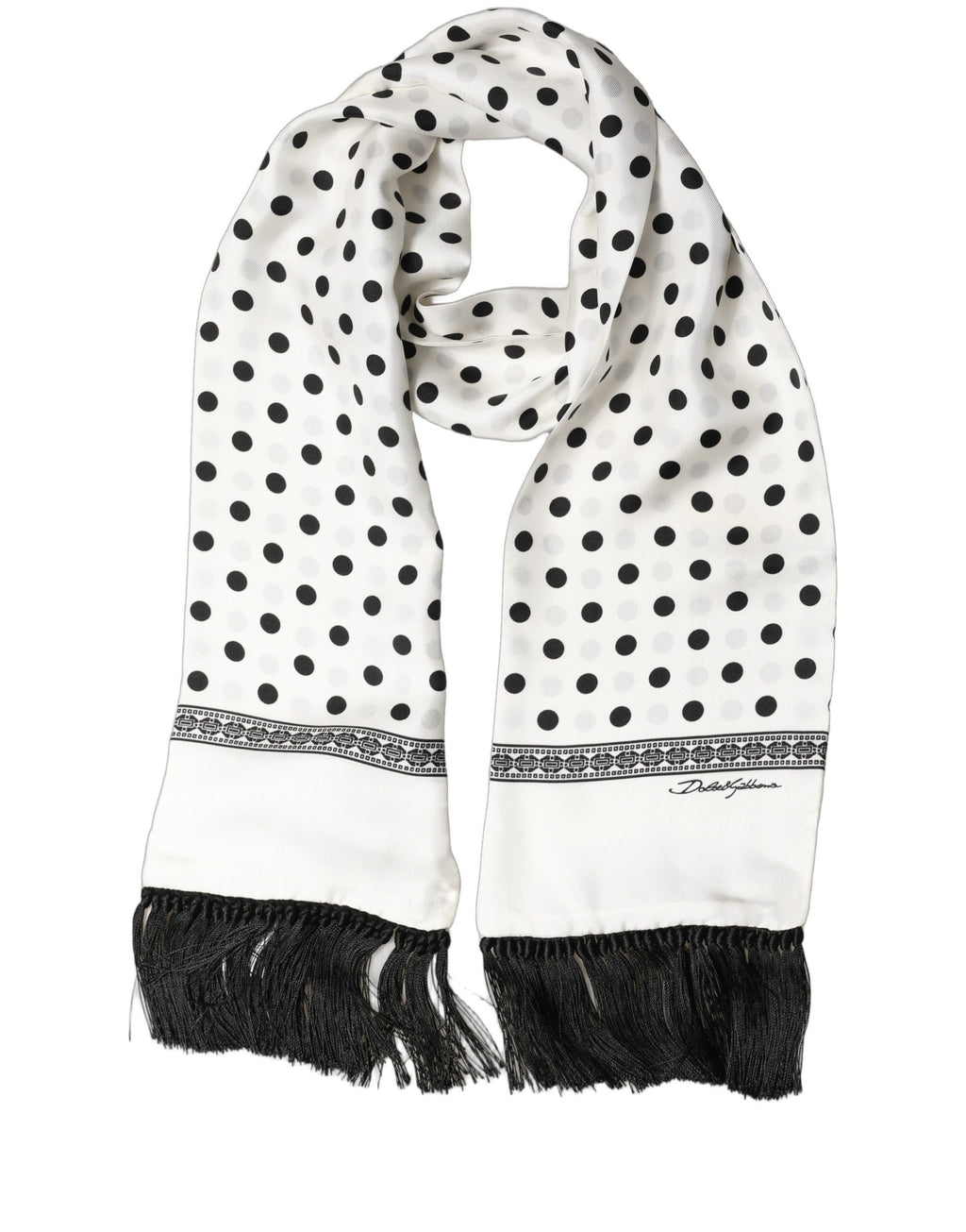 White Black Polka Dot Fringed Shawl Scarf