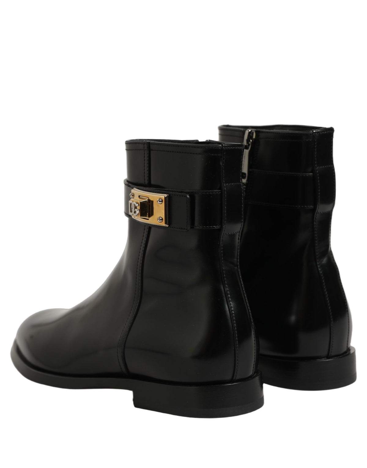 Black Leather Buckle Mid Calf Boots Shoes