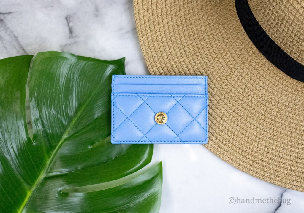 Versace Mini Medusa DV Blue Quilted Smooth Nappa Leather Card Case Wallet
