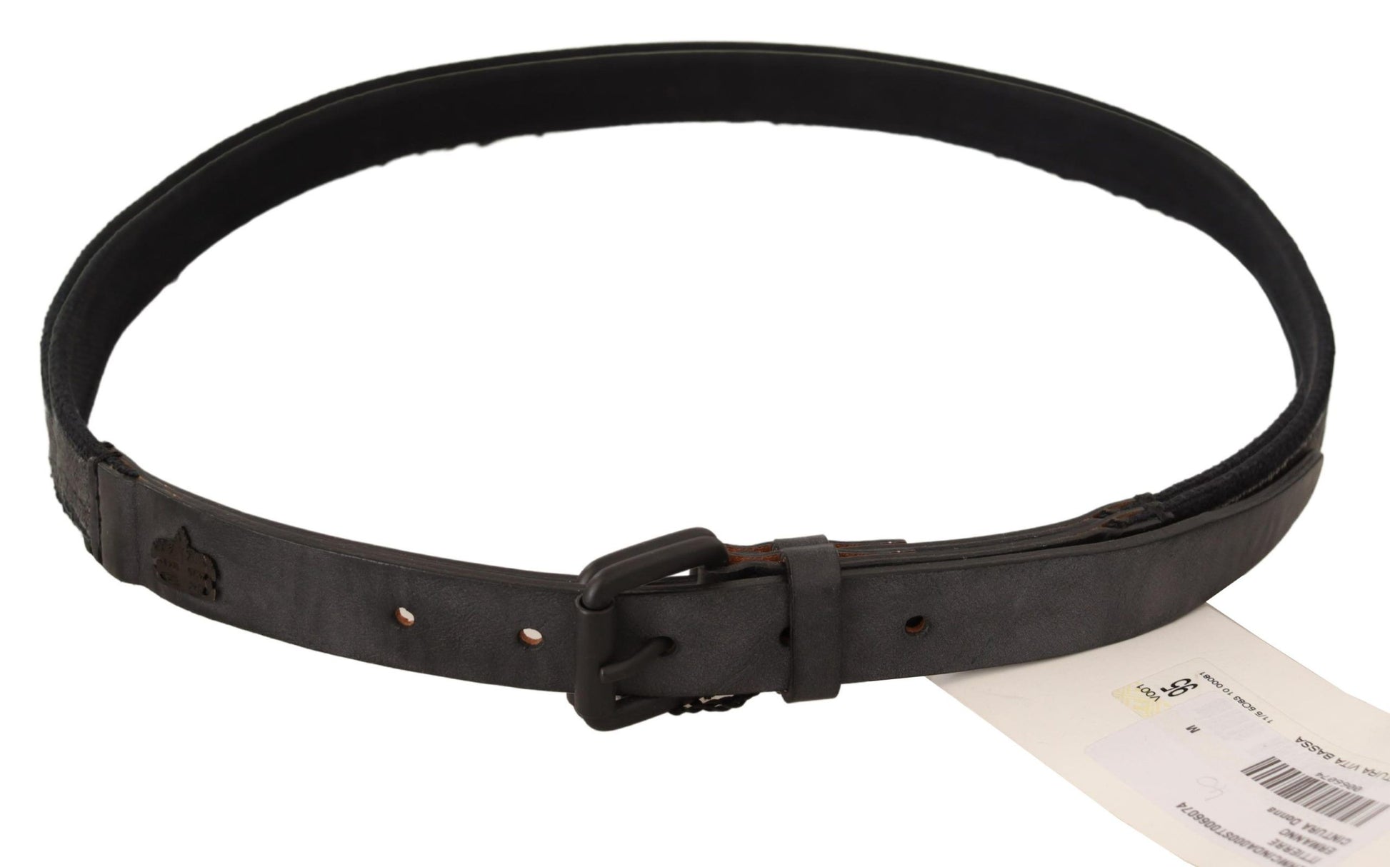 Ceinture femme en cuir noir avec boucle logo.