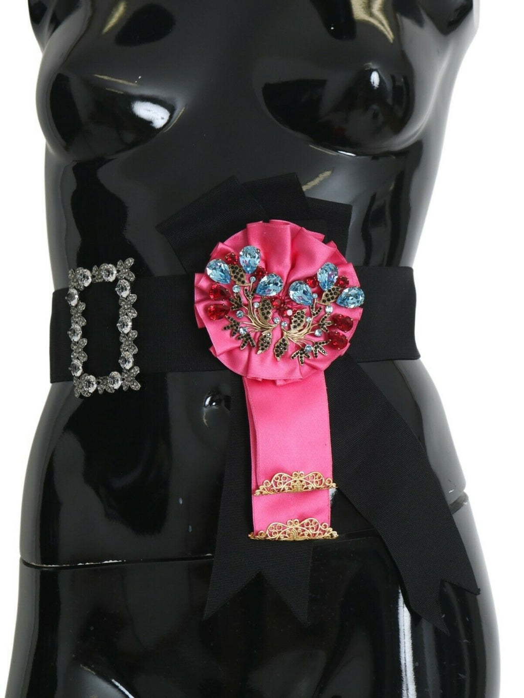 Broche fleur rose noire, strass, ceinture en coton