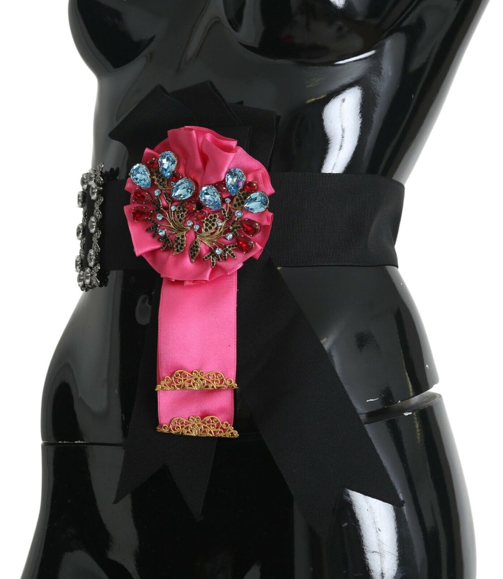 Broche fleur rose noire, strass, ceinture en coton