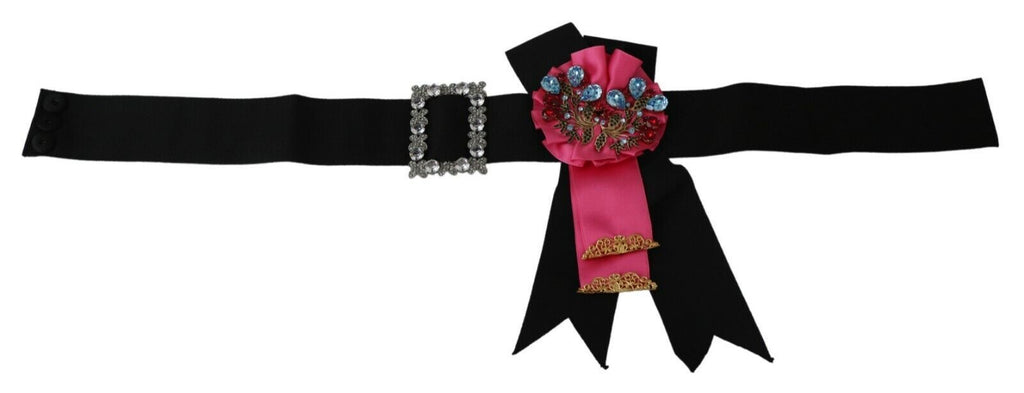 Broche fleur rose noire, strass, ceinture en coton