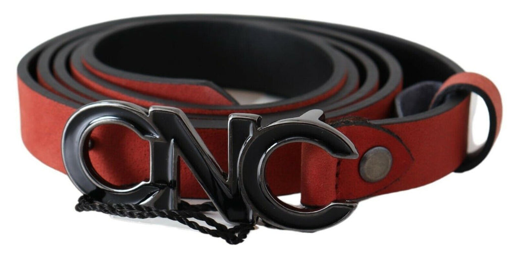 Ceinture rouge en cuir noir avec boucle noire et logo Blood.
