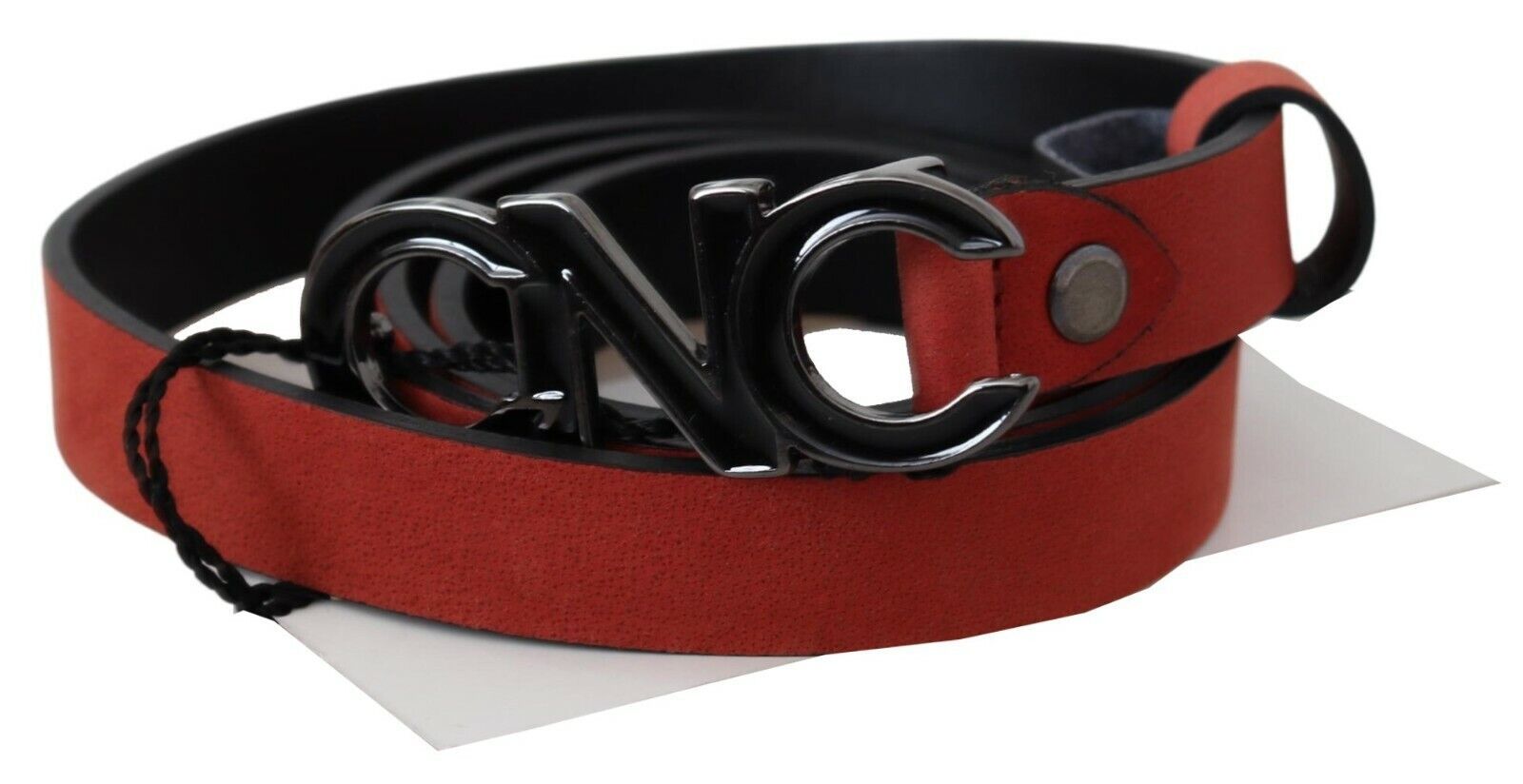 Ceinture rouge en cuir noir avec boucle noire et logo Blood.
