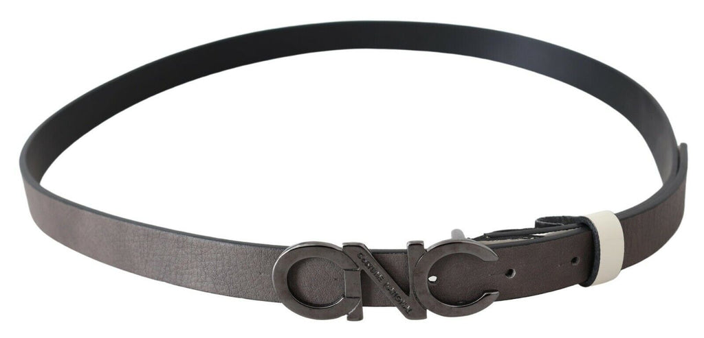 Ceinture en cuir gris métallisé avec logo