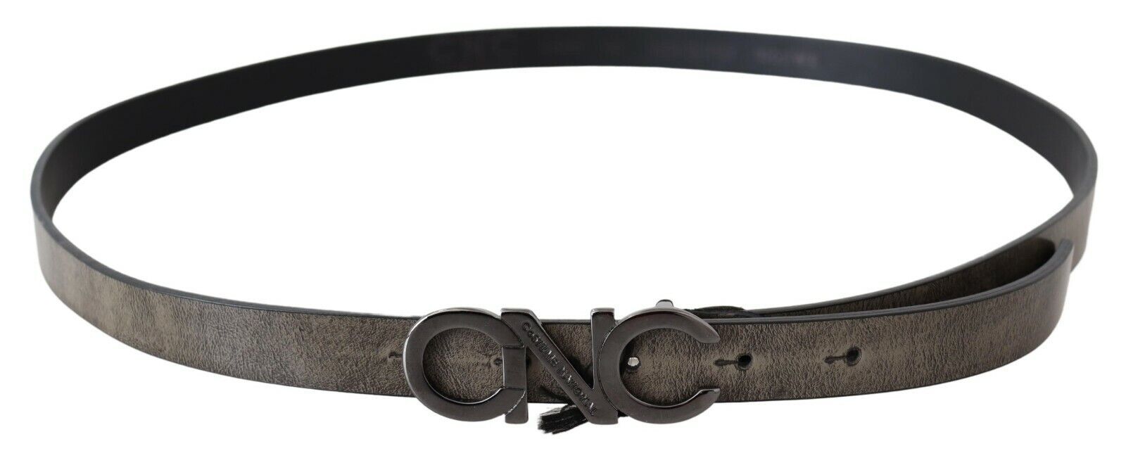 Ceinture en cuir marron foncé avec logo en lettres et boucle.