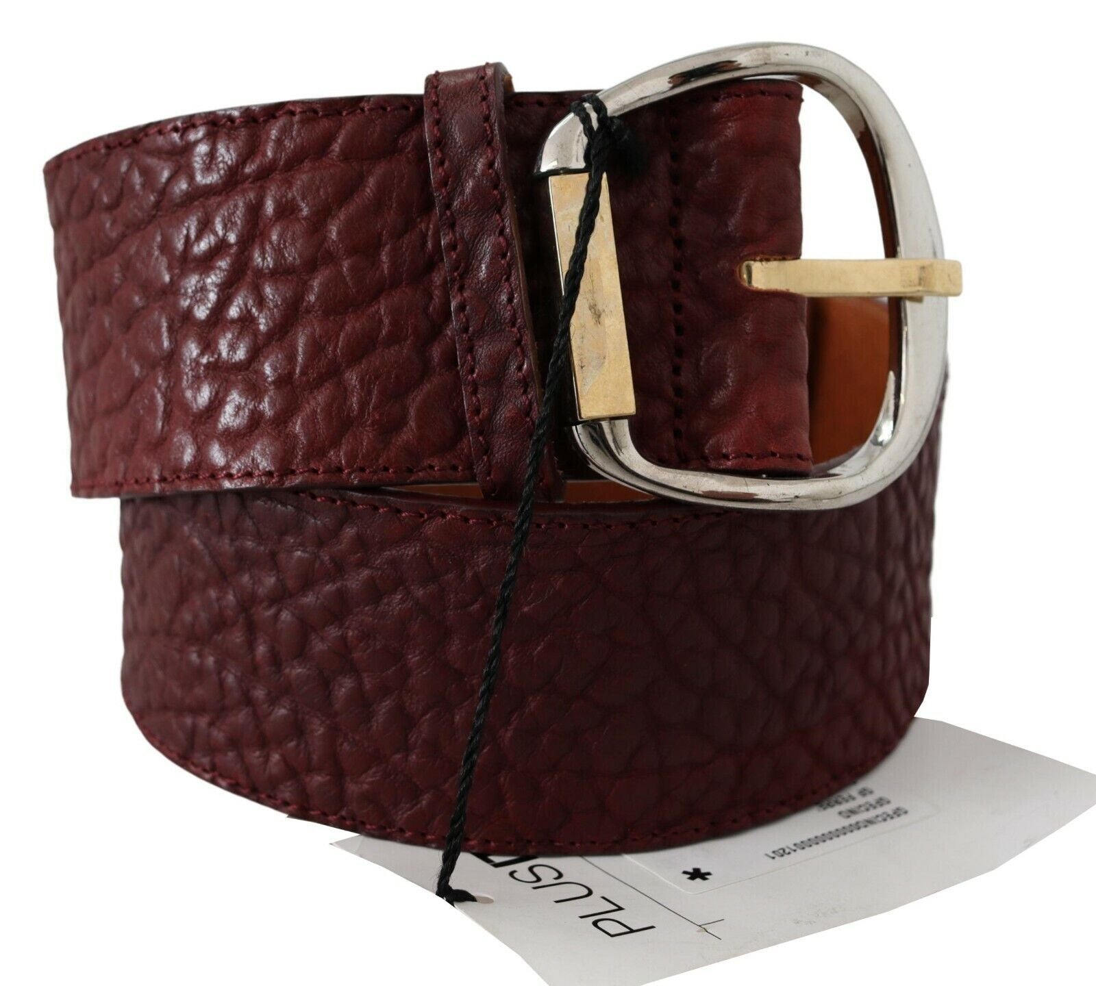 Ceinture large en cuir Bordeaux avec boucle dorée et argentée