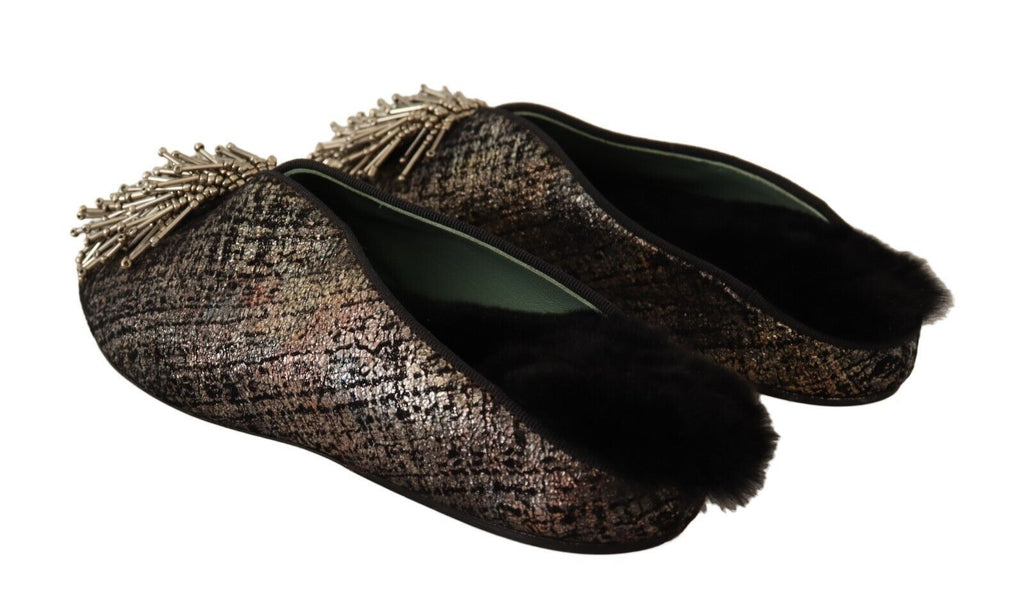 Chaussures plates à enfiler en cuir jacquard doré et ornements