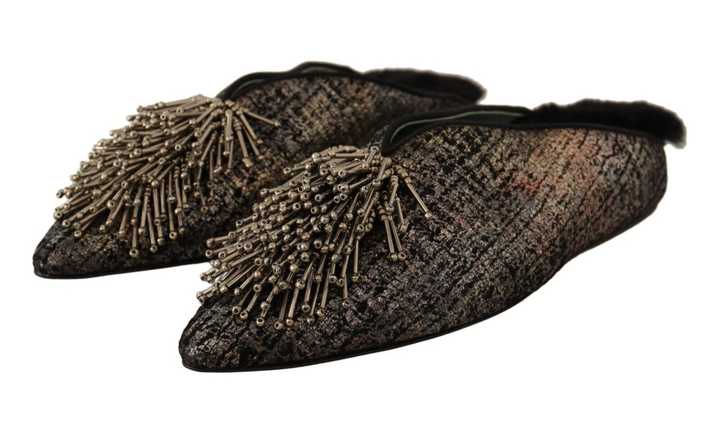 Chaussures plates à enfiler en cuir jacquard doré et ornements