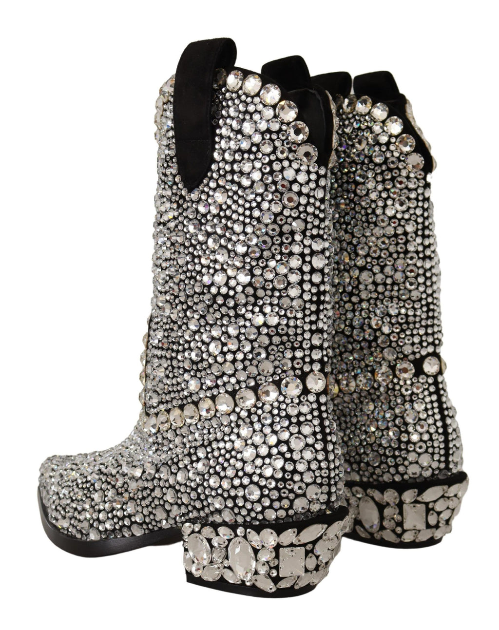 Bottes de cow-girl en daim noir ornées de strass et de cristaux
