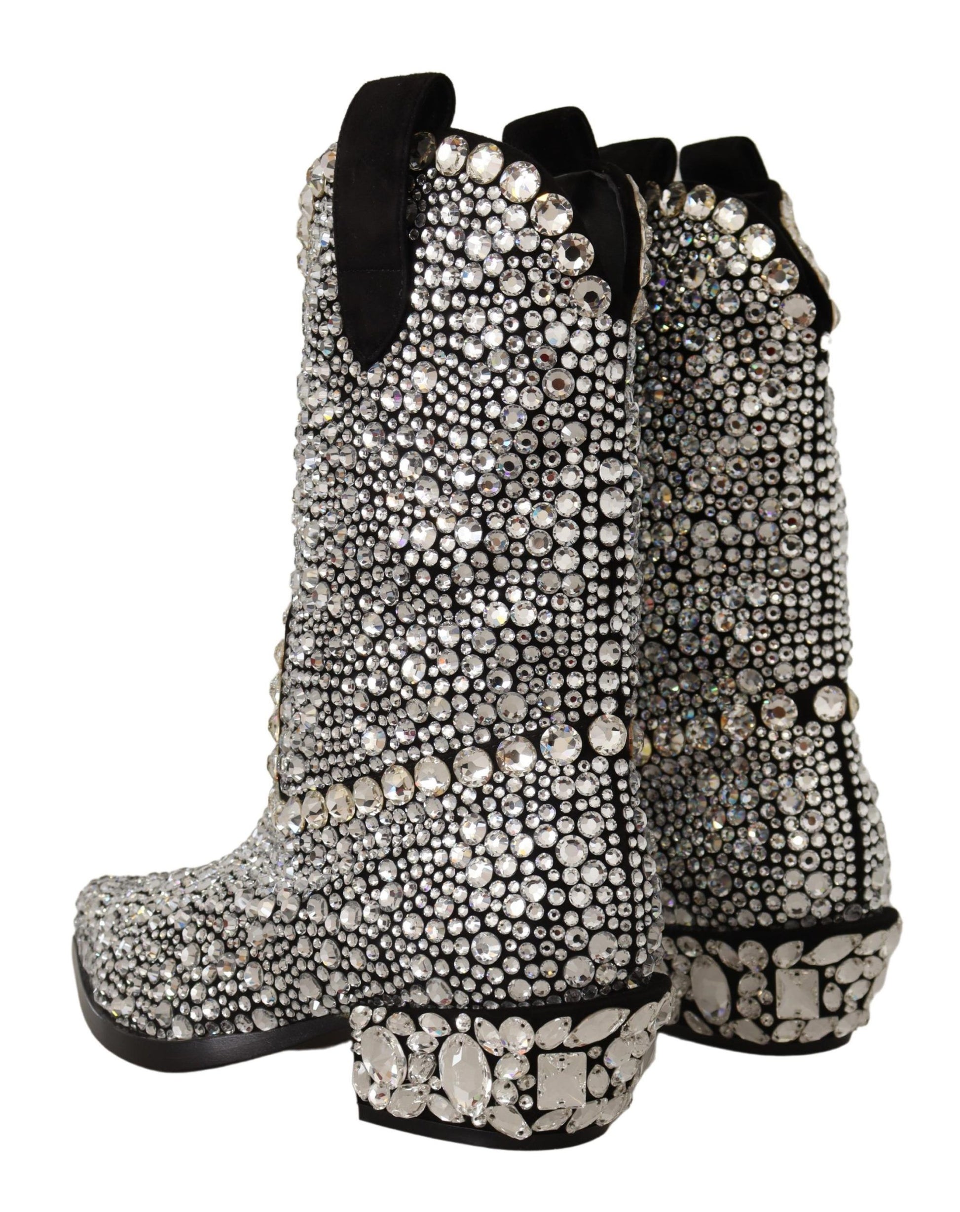 Bottes de cow-girl en daim noir ornées de strass et de cristaux