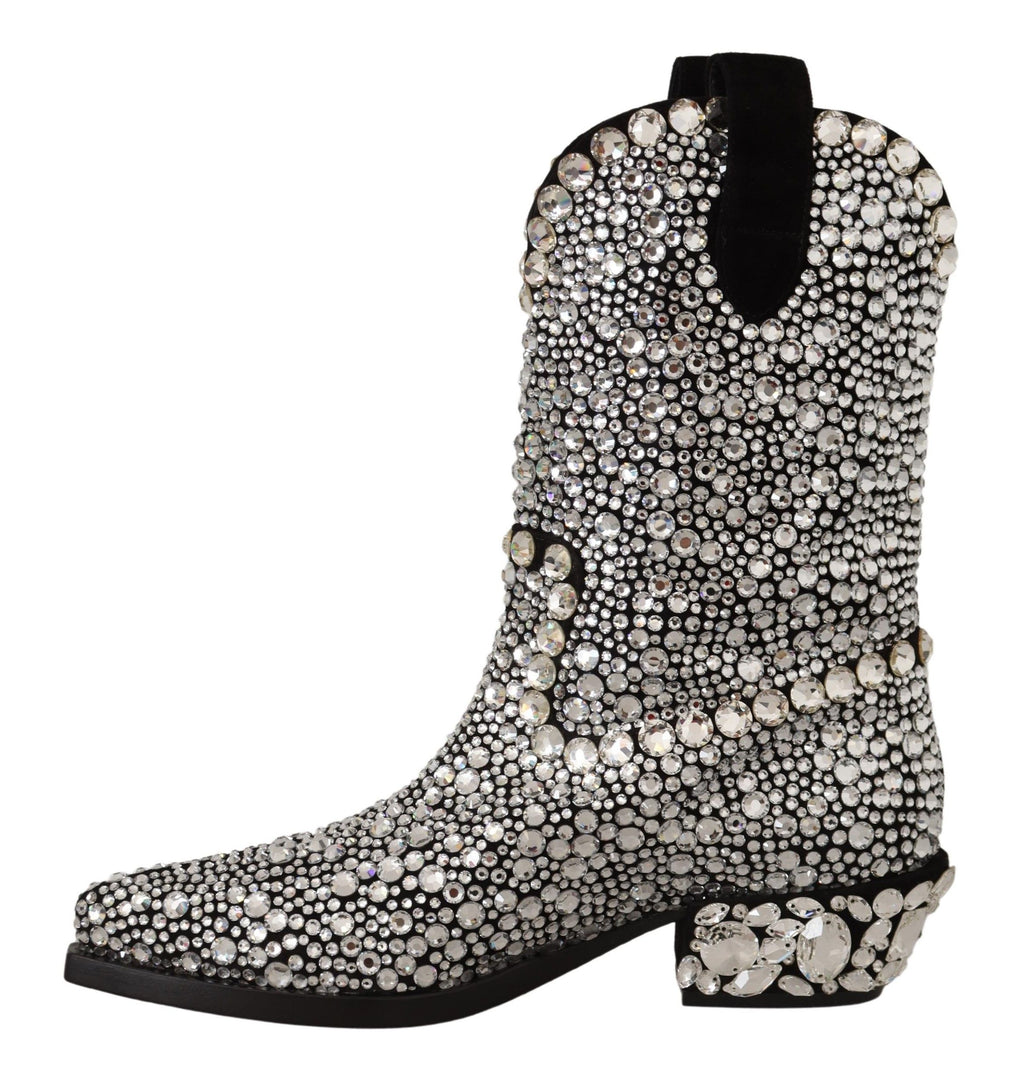 Bottes de cow-girl en daim noir ornées de strass et de cristaux