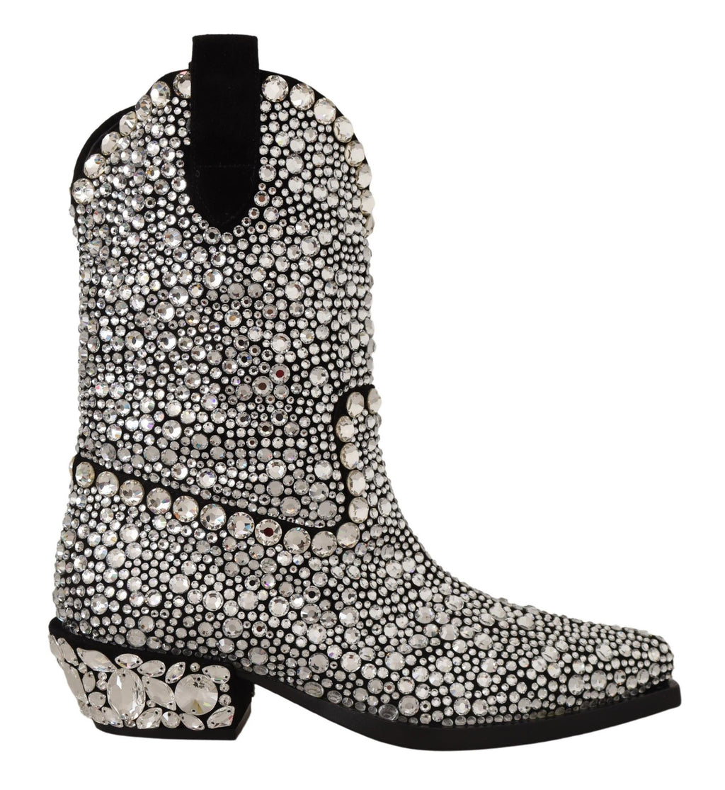 Bottes de cow-girl en daim noir ornées de strass et de cristaux