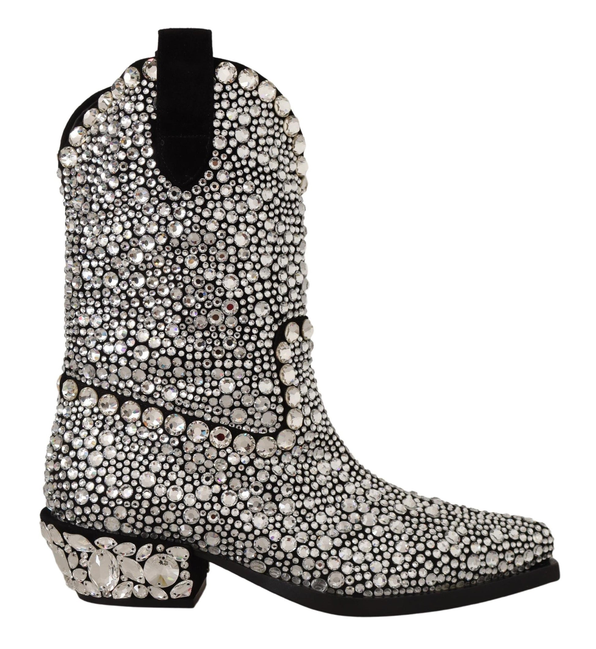 Bottes de cow-girl en daim noir ornées de strass et de cristaux
