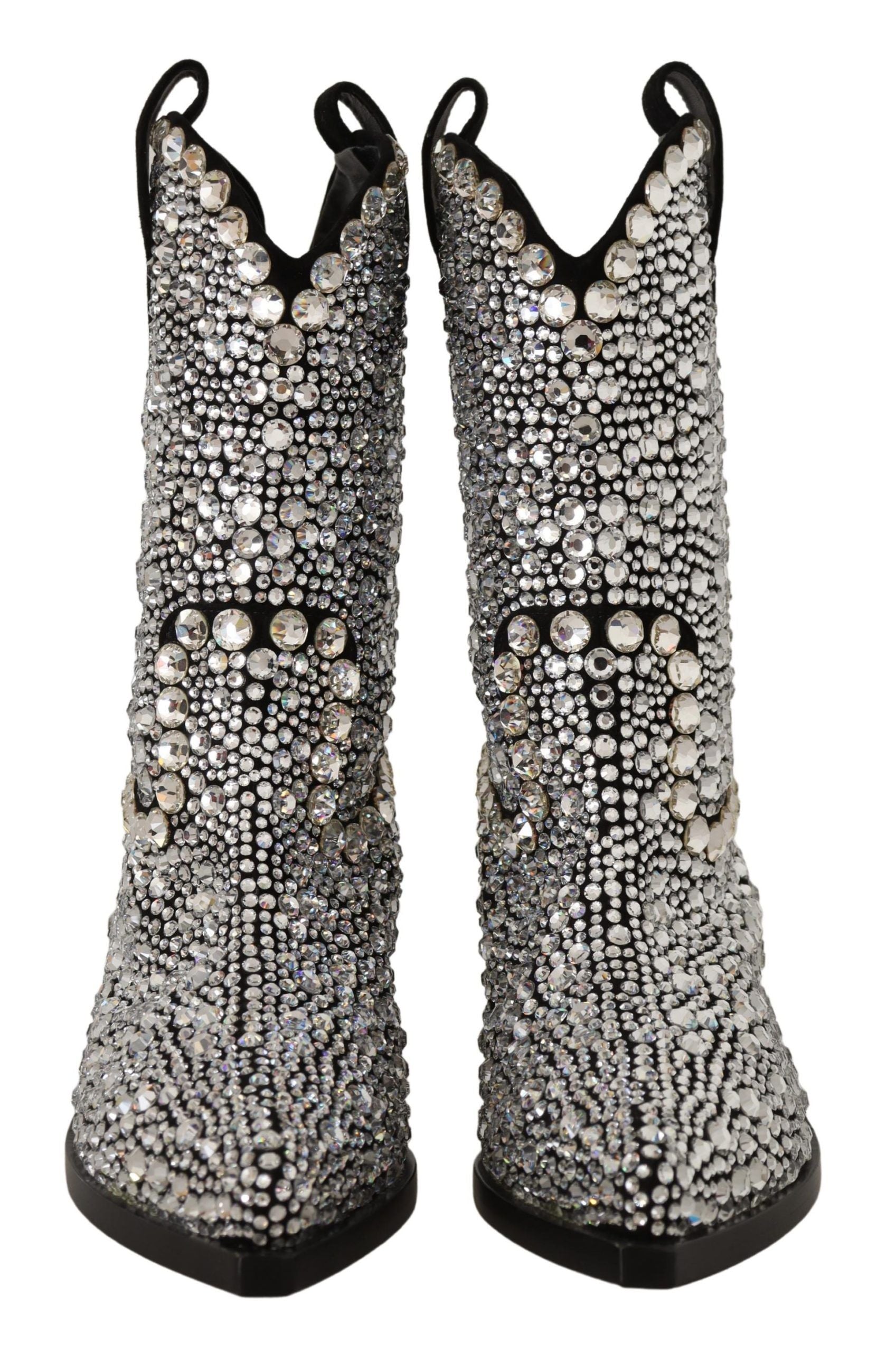 Bottes de cow-girl en daim noir ornées de strass et de cristaux