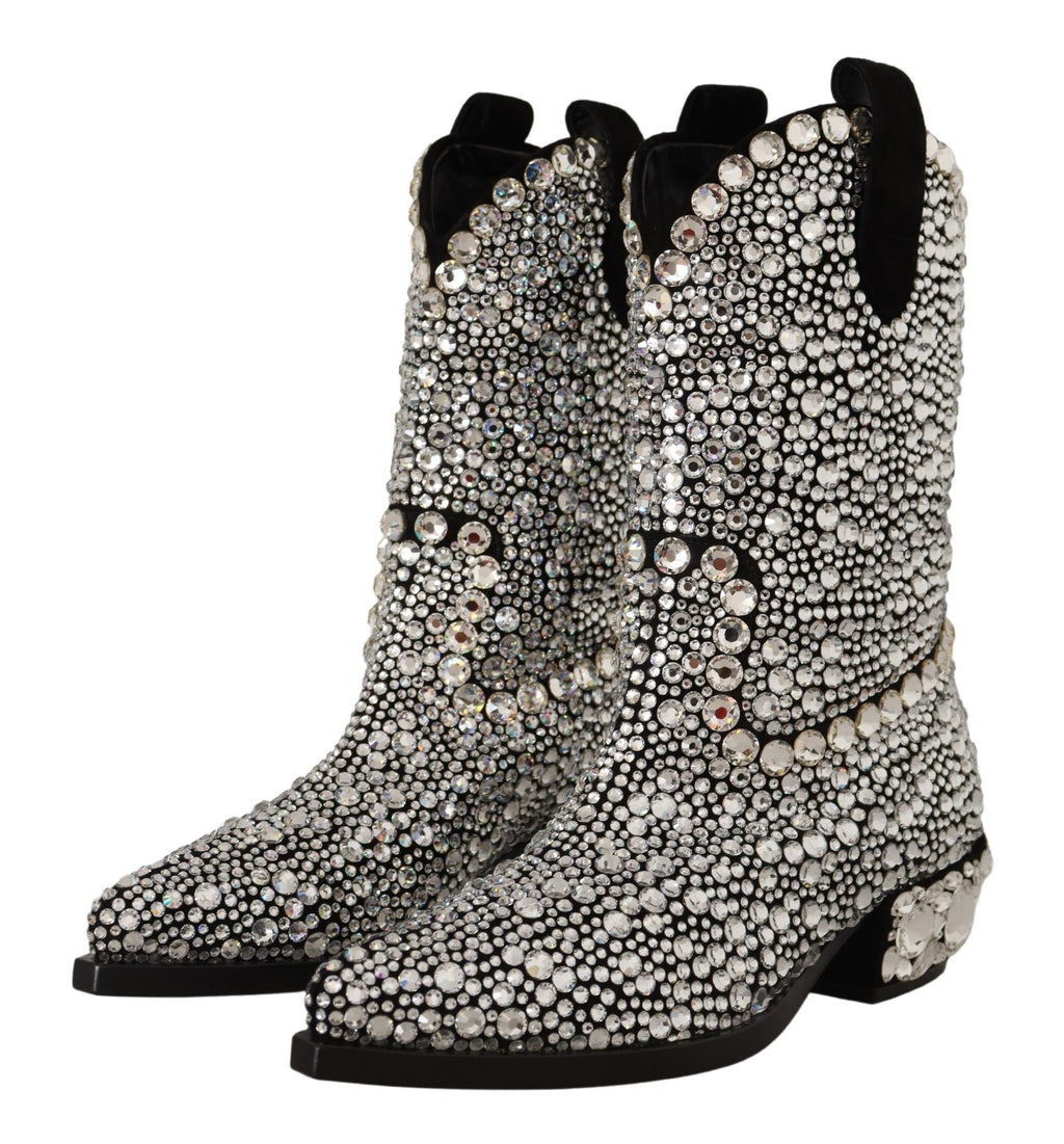Bottes de cow-girl en daim noir ornées de strass et de cristaux