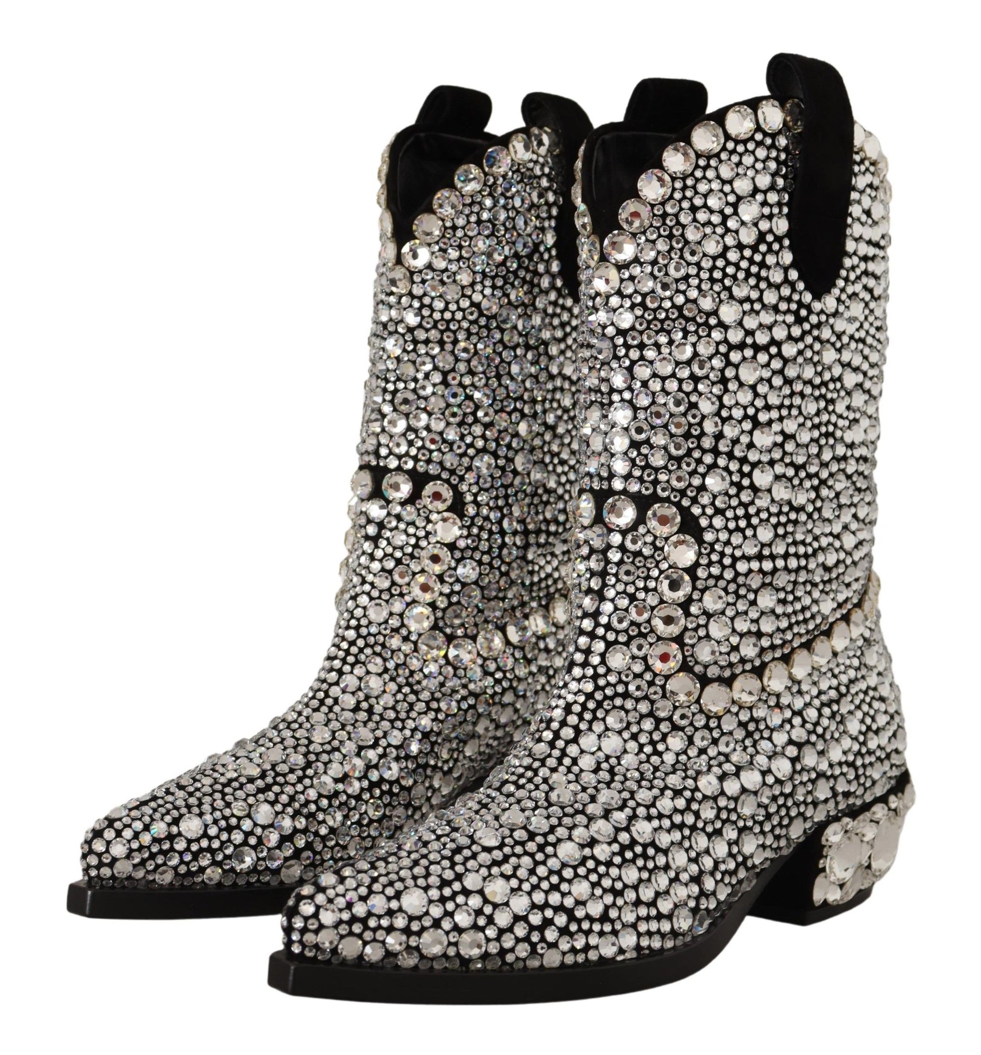Bottes de cow-girl en daim noir ornées de strass et de cristaux