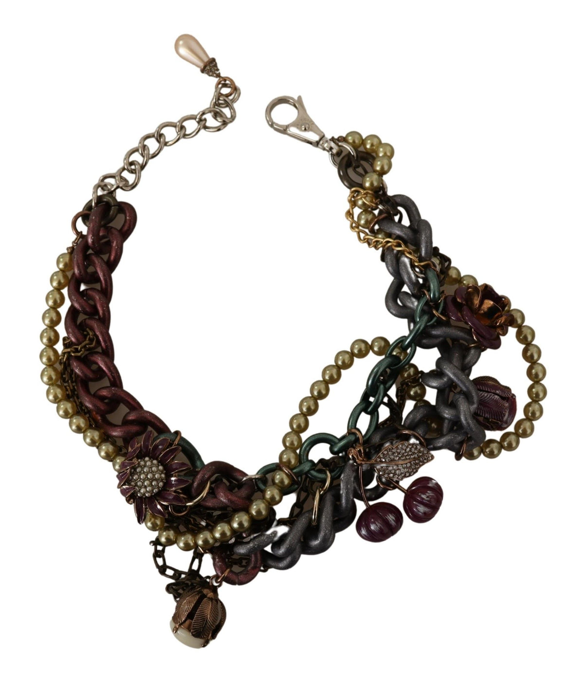 Collier doré en laiton avec motifs floraux siciliens et cristaux.