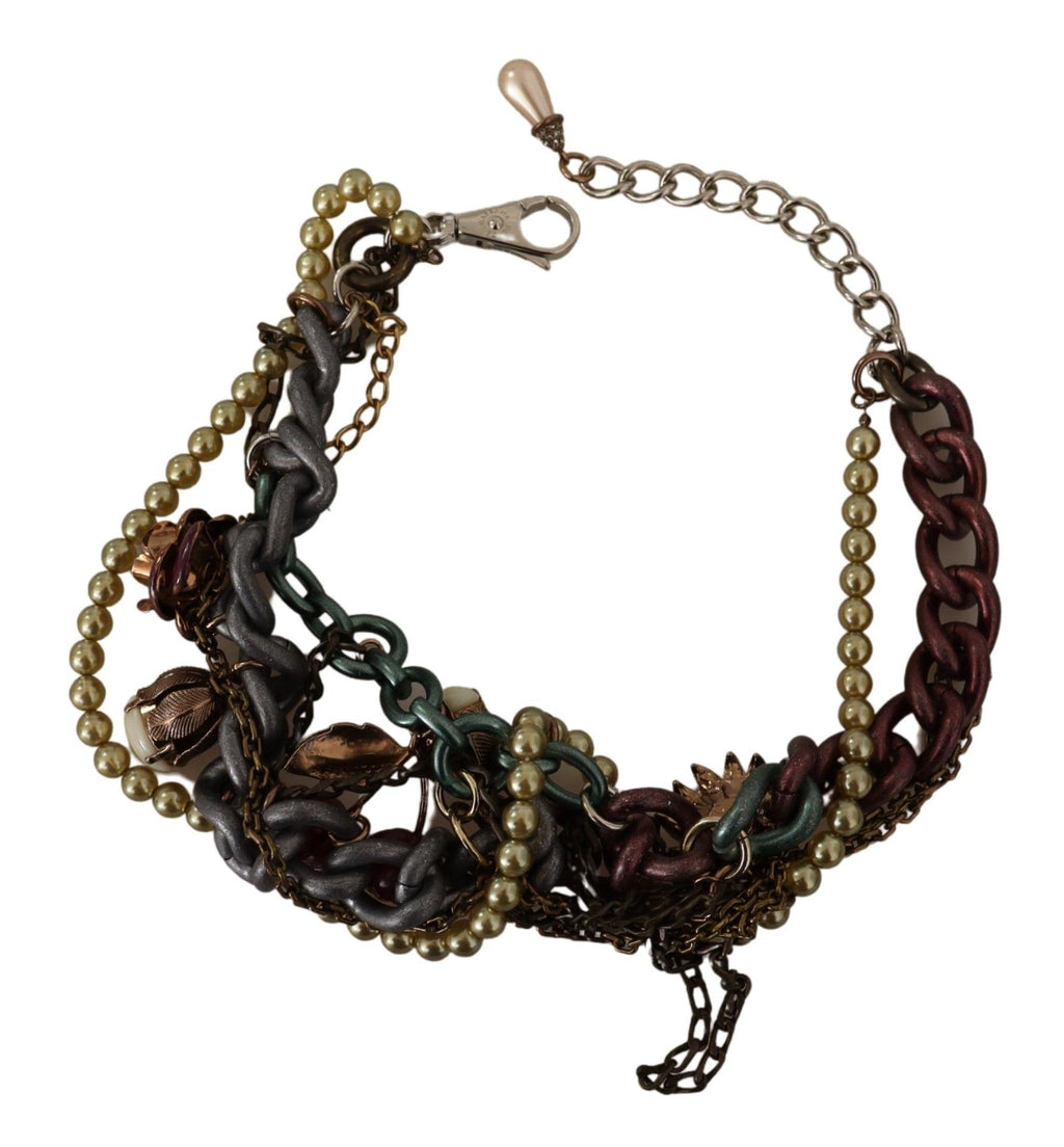Collier doré en laiton avec motifs floraux siciliens et cristaux.