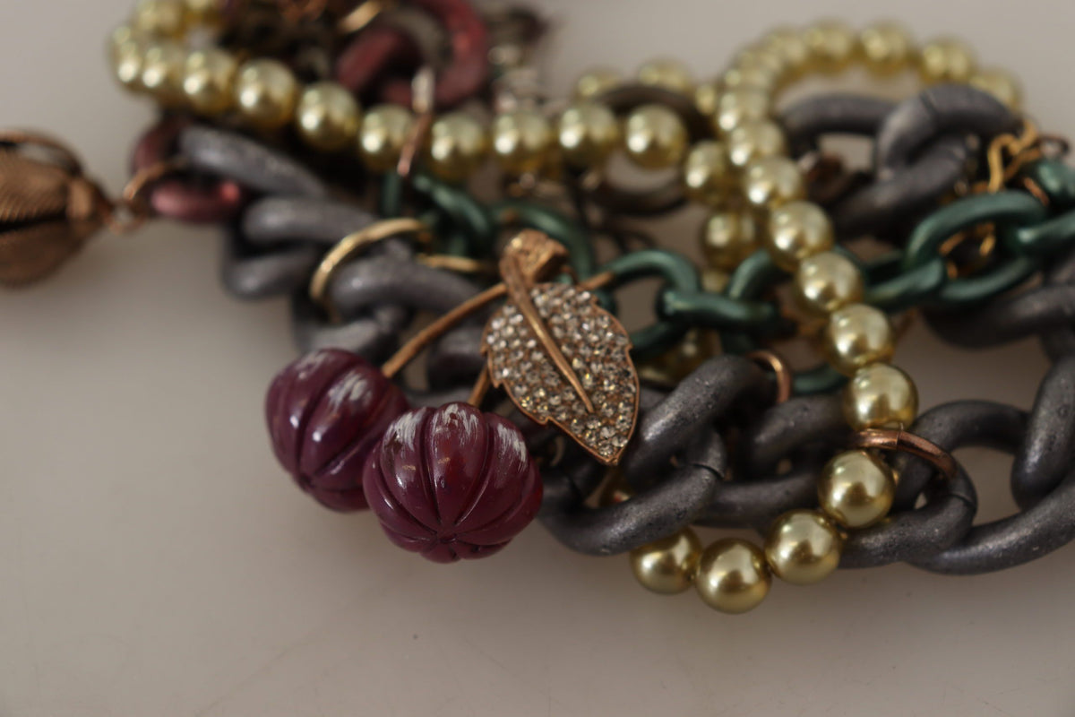 Collier doré en laiton avec motifs floraux siciliens et cristaux.