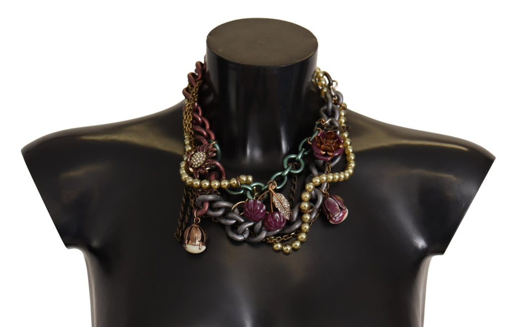 Collier doré en laiton avec motifs floraux siciliens et cristaux.