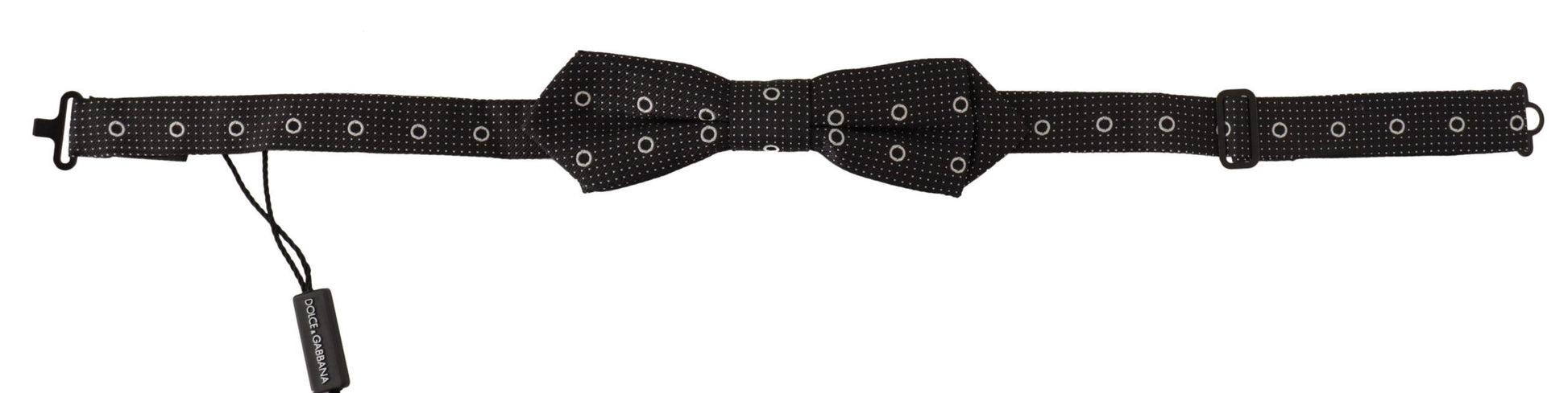 Cravate papillon en soie 100% avec pois blancs sur fond noir.
