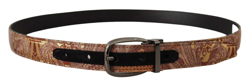 Ceinture en cuir multicolore embossé avec boucle en métal noir.