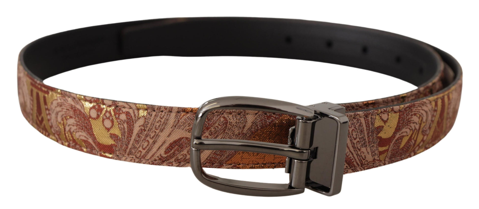 Ceinture en cuir multicolore embossé avec boucle en métal noir.