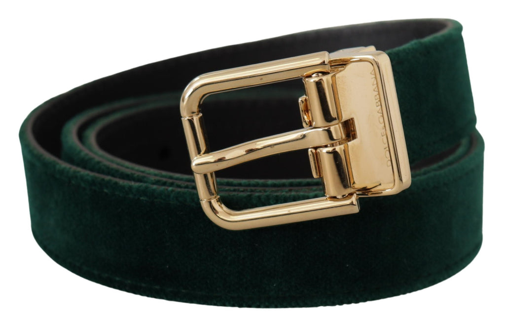 Ceinture en cuir velouté vert avec logo doré en métal