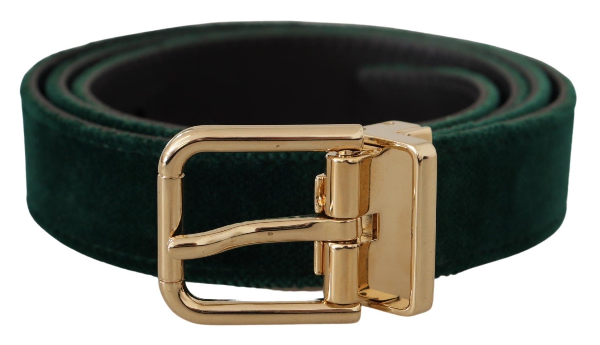 Ceinture en cuir velouté vert avec logo doré en métal
