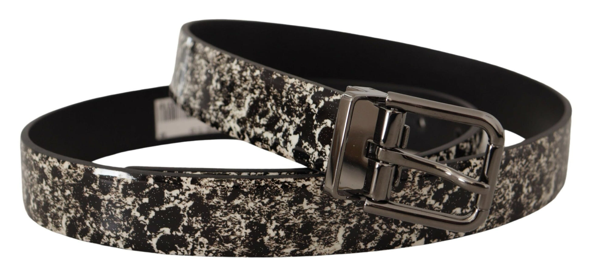 Ceinture en cuir noir à imprimé marbré avec logo gris.