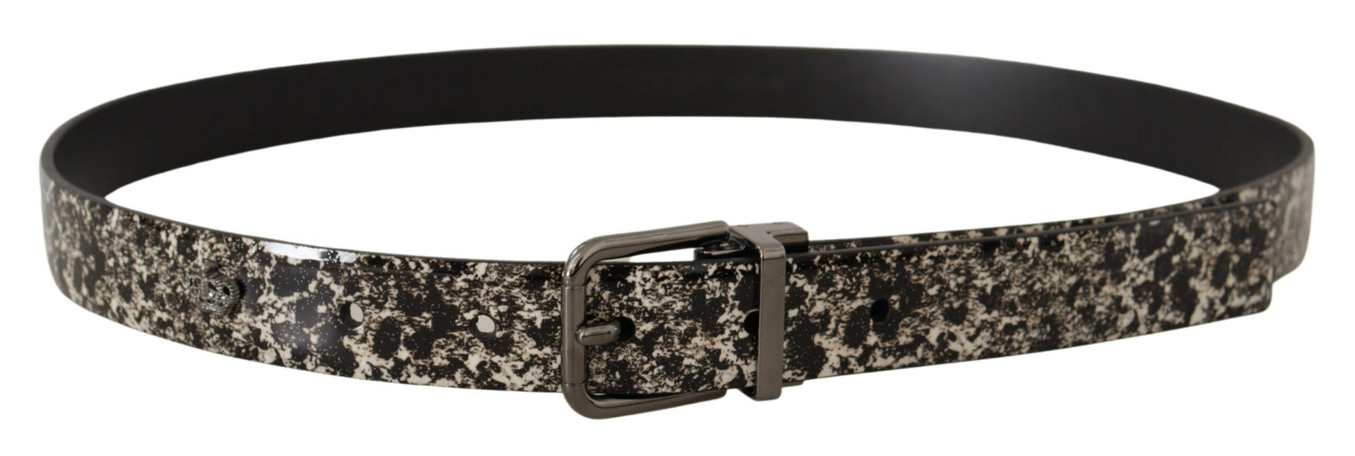 Ceinture en cuir noir à imprimé marbré avec logo gris.