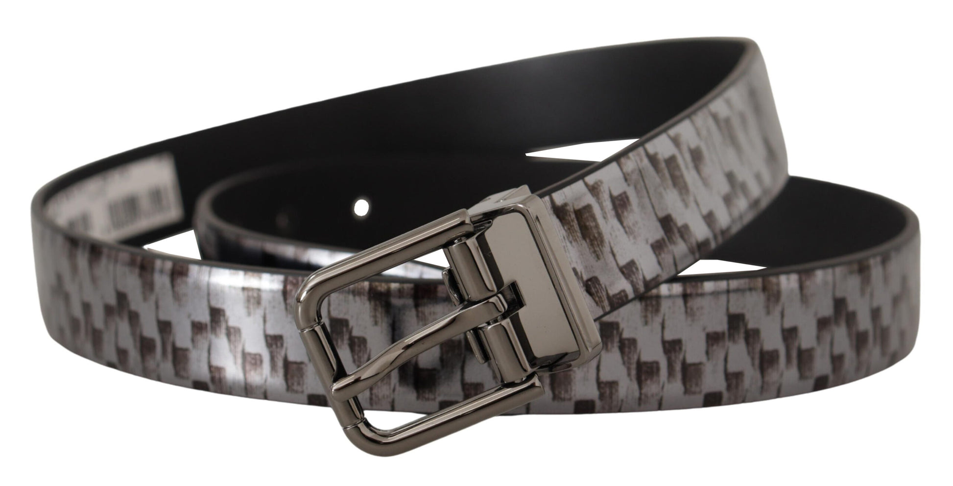 Ceinture en cuir gris à motif en écailles de poisson avec boucle en métal 3D grise.