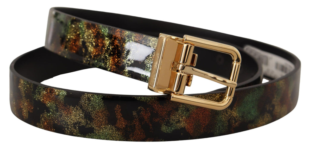 Ceinture en cuir noir et vert avec boucle en métal bronze.