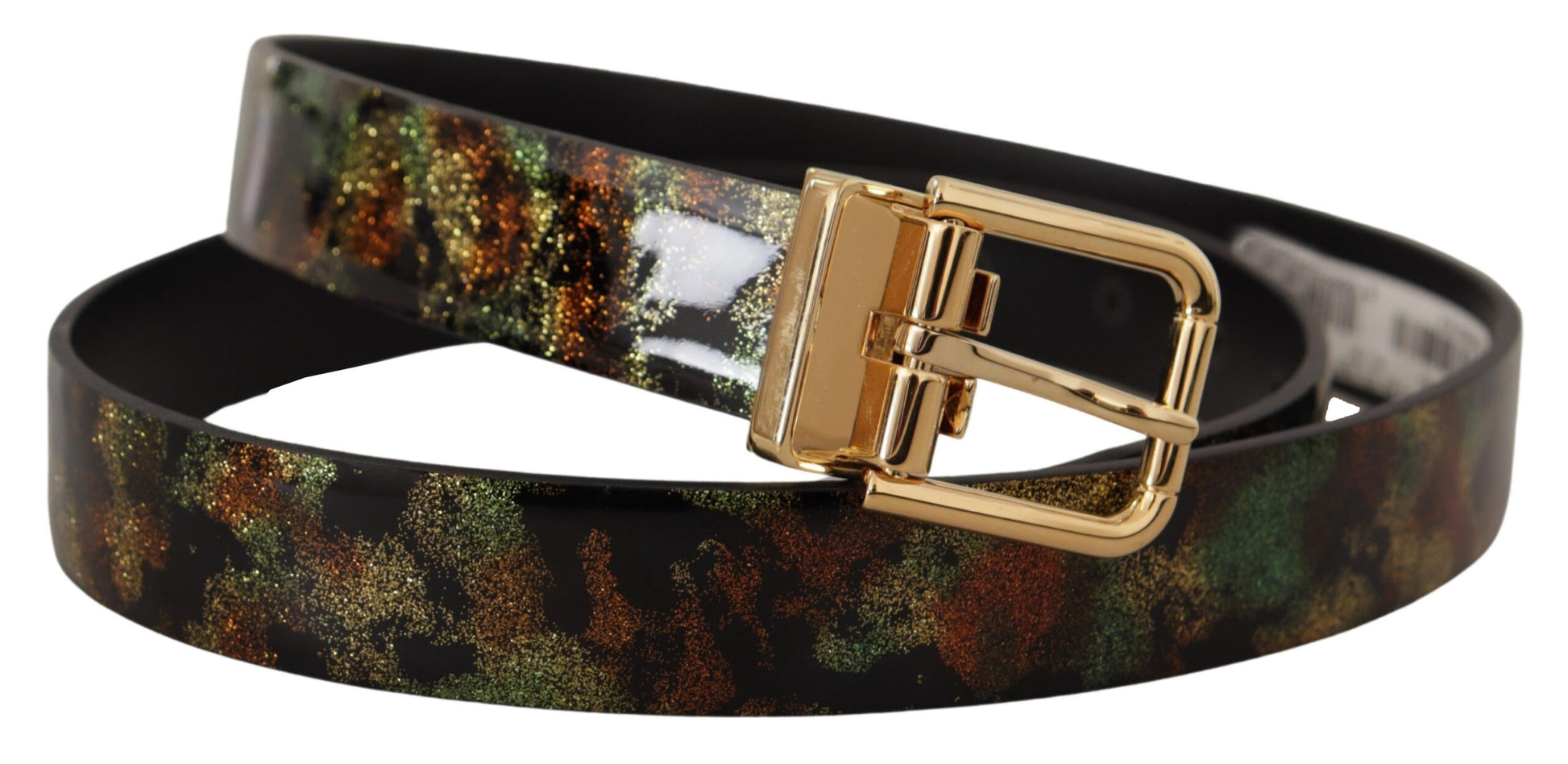 Ceinture en cuir noir et vert avec boucle en métal bronze.