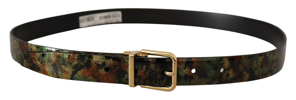 Ceinture en cuir noir et vert avec boucle en métal bronze.