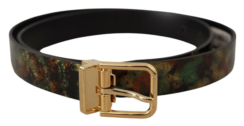 Ceinture en cuir noir et vert avec boucle en métal bronze.