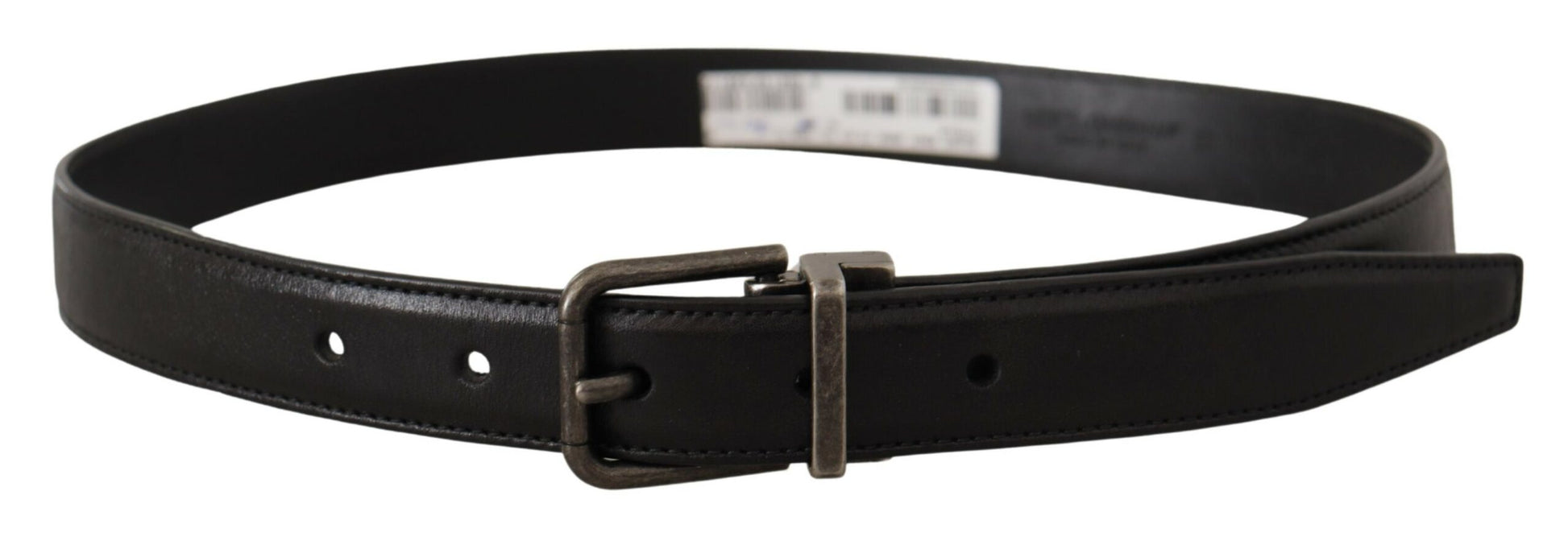 Ceinture en cuir de veau noir avec boucle métallique et logo.