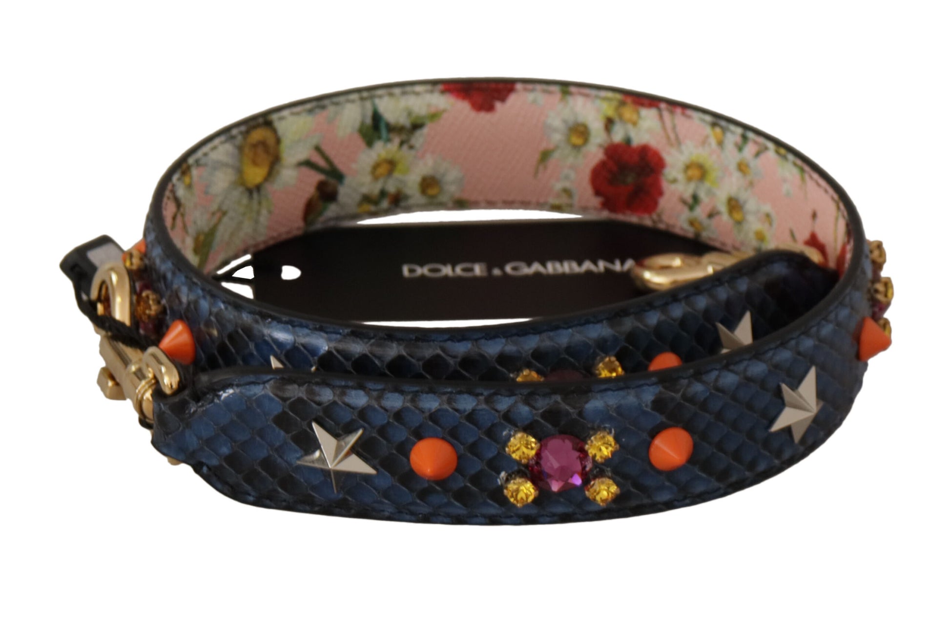 Bandoulière réversible en cuir exotique bleu avec cristaux