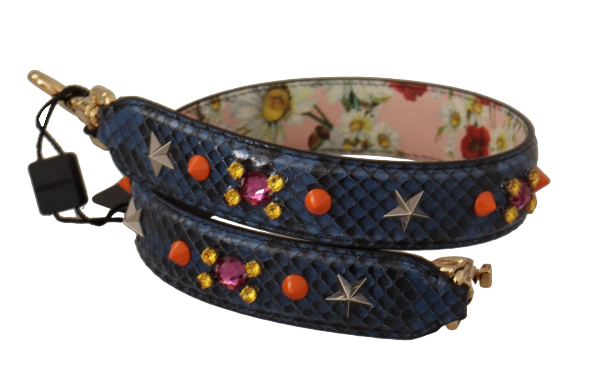 Bandoulière réversible en cuir exotique bleu avec cristaux